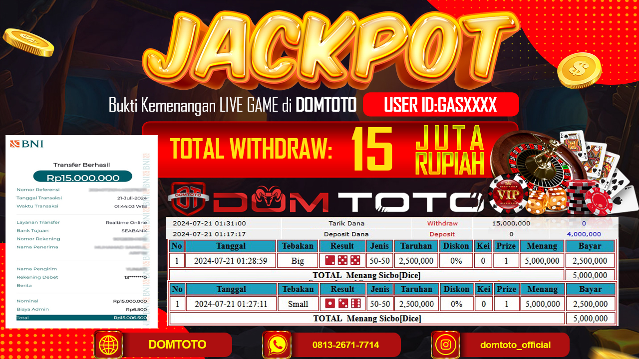 JACKPOT LIVE GAME SICBO DICE 21 JULI 2024